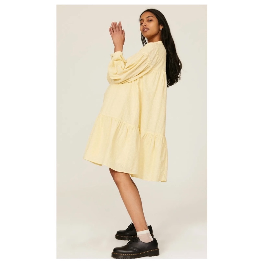 Pamela Love Prairie Cottagecore Babydoll Empire Waist Tiered Yellow Eyelet Dress